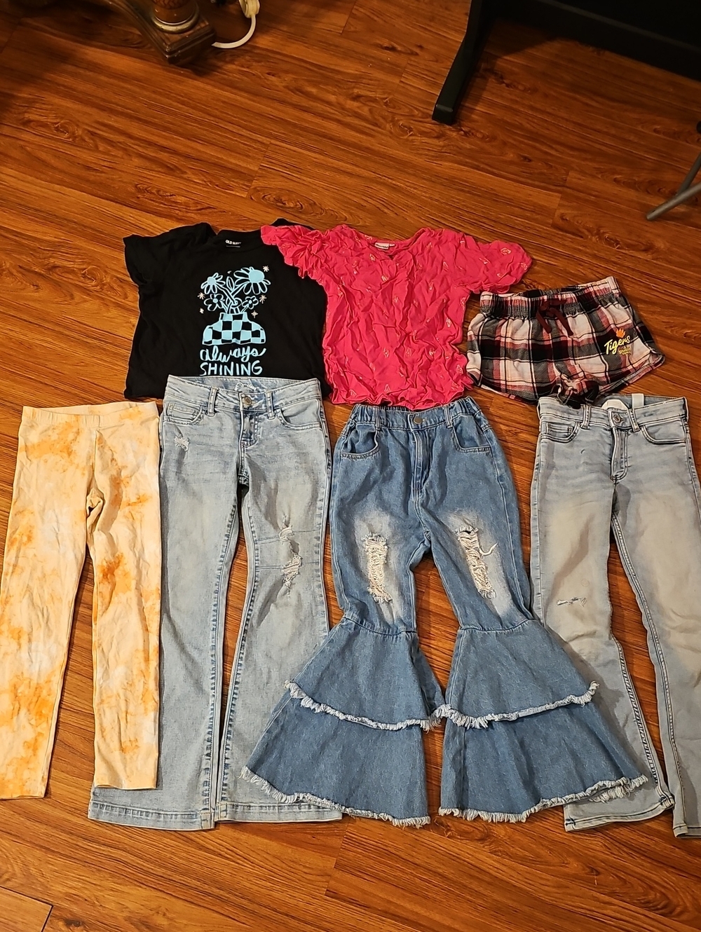Old Navy Kids Black Graphic Tee, Pink Ruffle Top & Pink Plaid Shorts